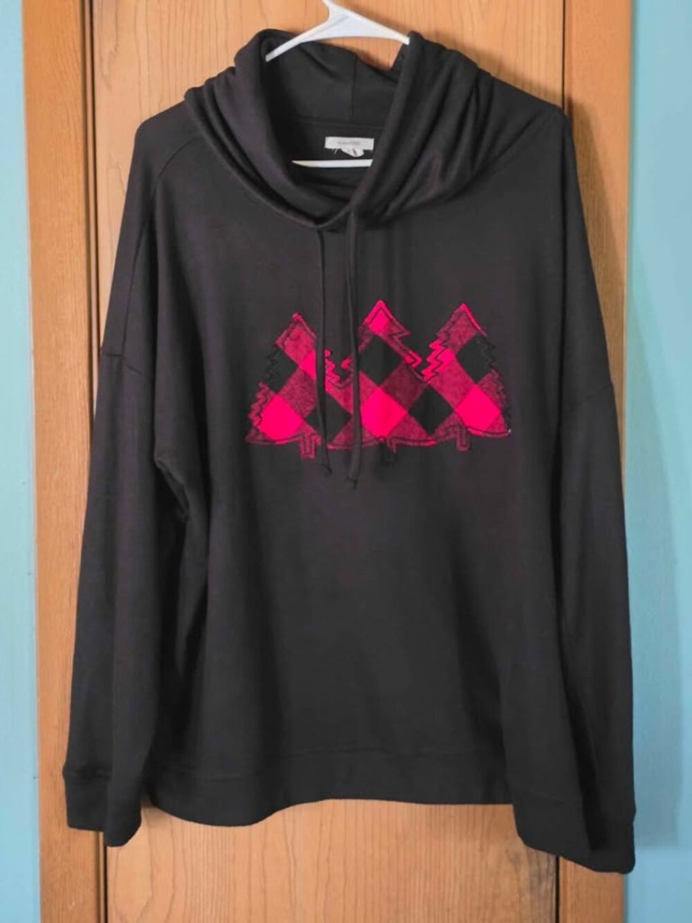 1X Maurices Red & Black Plaid Buffalo Check Tree Cowl Neck Sweater Top Shirt